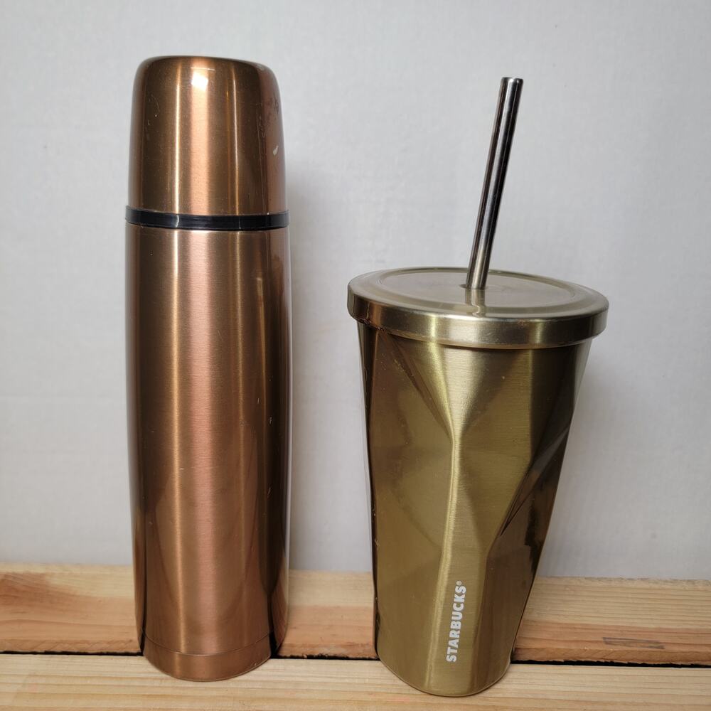 Set of 2 Starbucks: Rare Bronze Bullet Thermos & Gold Chiseled Faceted Tumbler